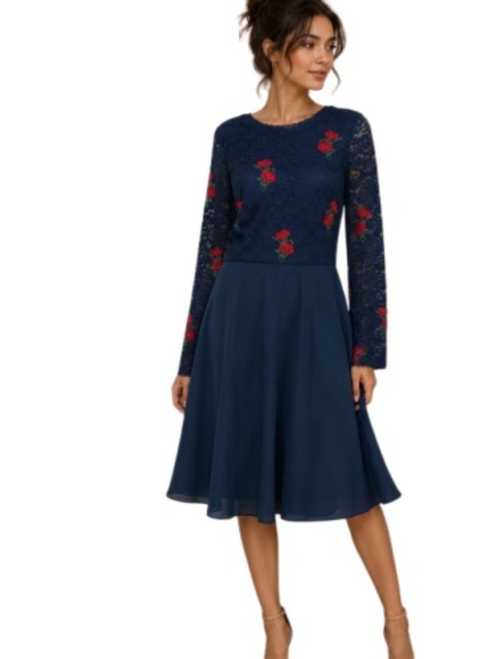 ModCloth Womens Ready To Bloom A Line Dress Navy Lace Floral Embroidered 4 New